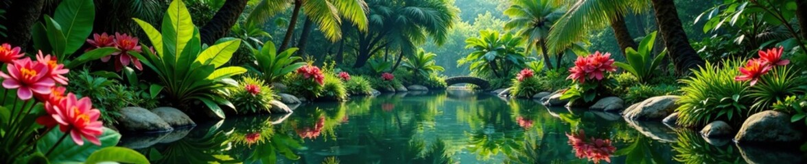 Obraz premium The vibrant colors of the tropical garden are reflected in the calm waters of a small pond amidst the lush greenery, tropical garden, natural scenery, peaceful ambiance