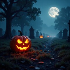 Fototapeta premium The soft glow of a pumpkin lantern illuminates a spooky graveyard scene, fog, darkness, graveyard