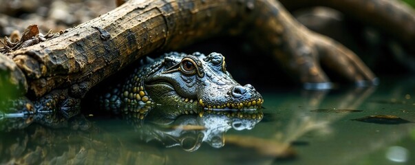Fototapeta premium Water alligator hiding behind a submerged rock, branches, rocks