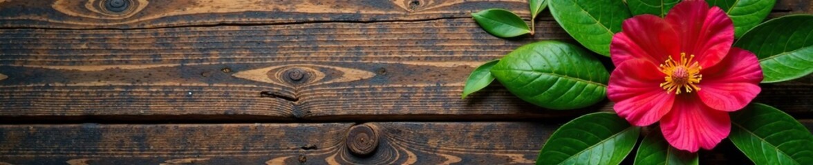 Wooden background with Roselle flowers and tea leaves, organic, green