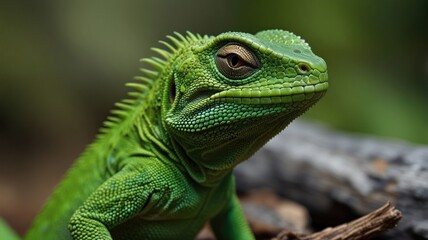 Naklejka premium Close-up of a vibrant green lizard, slightly blurred background.