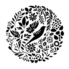 Bird and Floral Circle A Black and White Decorative Design