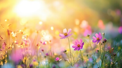 Fototapeta premium spring wild flowers in sunlight - abstract springtime background