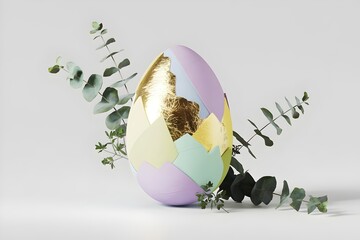 decorated Easter egg with pastel colors of mint green, yellow, lavender, beige and gold leaf. white...