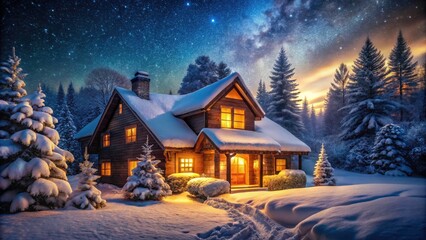 Fototapeta premium Snowy Night House, Winter Wonderland Cottage, Christmas Eve Scene, Illuminated Cabin, Snowfall Landscape Photography