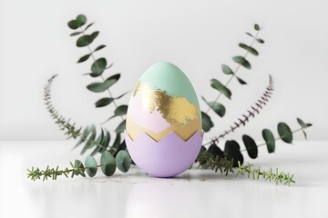 decorative Easter egg with pastel and gold abstract patterns, with eucalyptus branches. minimalist. Ideal for spring or backgrounds.