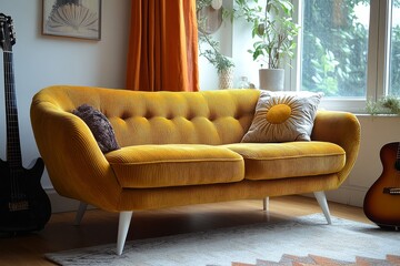 Small mustard corduroy loveseat sofa with white wooden legs, oversized right armrest, orange chevron curtains, guitar, sun design rug, and pillows, hyper-realistic product photography.