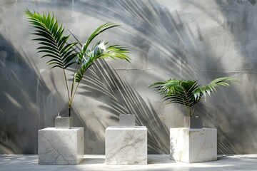 White marble podiums with palm leaf shadow