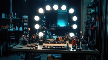 A makeup artist's vanity with a large mirror, bright lights, and professional tools scattered around.