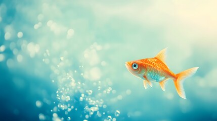 A Single Goldfish Swims In Aqua Water