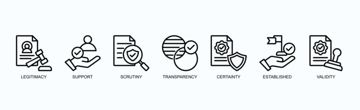 Key Pillars Of Trust And Credibility Icon Set Isolated Vector Illustration Concept With Icon Of Legitimacy, Support, Scrutiny, Transparency, Certainty, Established, Validity In Outline Style
