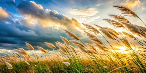 Surreal Grass Field, White Sky, Windswept, Dreamlike Landscape, AI Art
