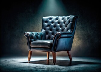 Fototapeta premium Dark, elegant interior: a black-buttoned chair stands silhouetted against the night.