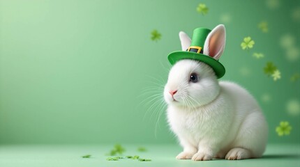 St patricks day bunny or rabbit wearing a green leprechaun hat. light green background with scattered shamrocks. ideal for Irish luck or cute pet. copy space