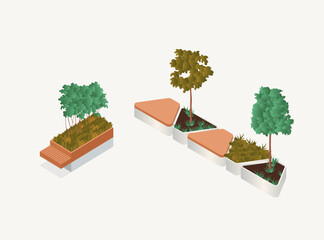 Axonometric urban landscape planter tree seat vector block