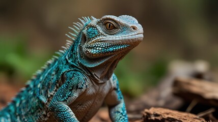 Fototapeta premium Close-up of a vibrant blue lizard in its natural habitat.