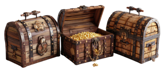 Three antique wooden chests, one filled with gold coins.