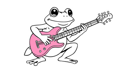 “Funny Frog Playing a Guitar Outline Only, No Fill Color, Thicker Line” – A doodle of a frog playing a guitar, outlined with thick lines and no fill color on a plain white background.
