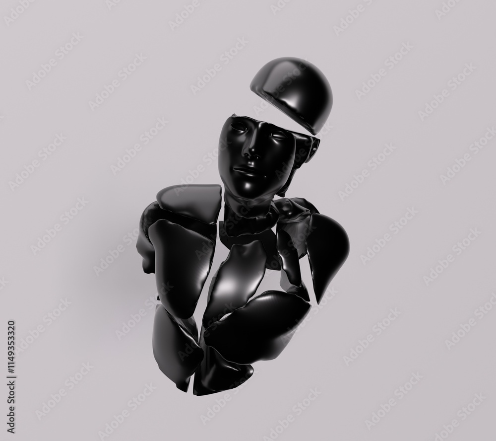 Wall mural 3d surrealistic illustration of a shattered statue of a man floating in the air.
