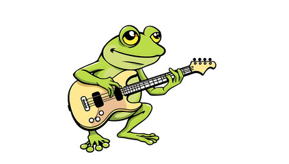 Fototapeta premium “Funny Frog Playing a Guitar Outline Only, Fill Color, Thicker Line” – A doodle of a frog playing a guitar, outlined with thick lines and no fill color on a plain white background. 