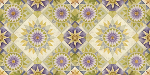 A beautiful geometric floral pattern featuring purple and yellow hues, perfect for modern decor.