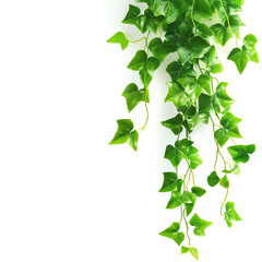 A close-up of vibrant green ivy leaves cascading down against a white background.