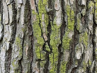 Obraz premium Closeup of mossy tree bark, rough texture with green hues, texture, natures resilience and growth