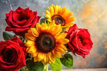 Elegant red roses and sunflowers, minimalist still life.