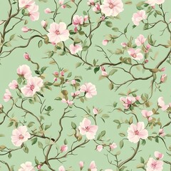 Floral vine pattern with soft pink blooms on a green background, pattern, romantic and natural