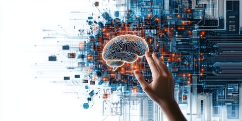 A futuristic representation of artificial intelligence, showcasing a human hand reaching out to connect with a luminous brain embedded in a network of circuits and data flow.