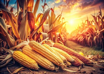 Vintage Cornfield Photography: Sweet Corn Harvest, Rustic Farm Scene, Space for Branding