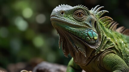 Fototapeta premium Close-up of a vibrant green iguana, head and shoulders, looking upward.