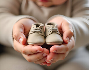 Obraz premium Adorable baby shoes held in a child's hands with soft focus and warm colors