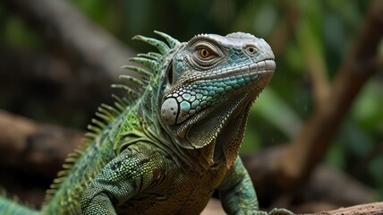 Fototapeta premium Close-up of a vibrant green iguana.