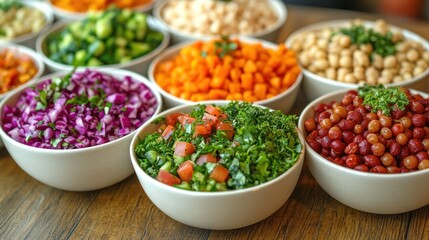 Assortment of Fresh Salads in White Bowls on Wooden Table