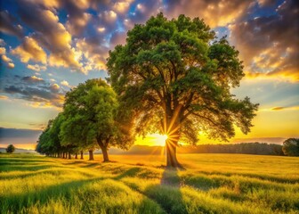 Fototapeta premium Golden hour bathes a sunlit field, trees framing a rural landscape, composed with the rule of thirds.