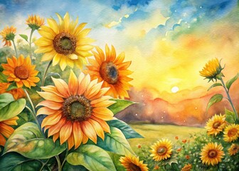 Obraz premium Watercolor Sunflower Invitation Card Design, Botanical Sunflower Wedding Invitation, Floral Sunflower Stationery, Summer Sunflower Party Invite