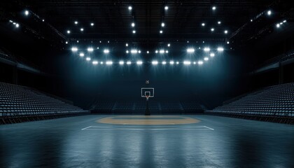 A serene basketball arena illuminated by bright lights, showcasing an empty court and rows of seats, conveying anticipation for the upcoming game.