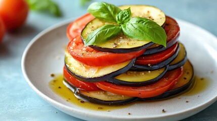 A carefully arranged stack of thinly sliced eggplant, zucchini, and tomatoes, drizzled with olive oil and garnished with a fresh basil leaf, presented on a simple white plate.