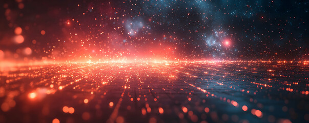 Fototapeta premium A vibrant cosmic landscape with glowing particles and a starry background.