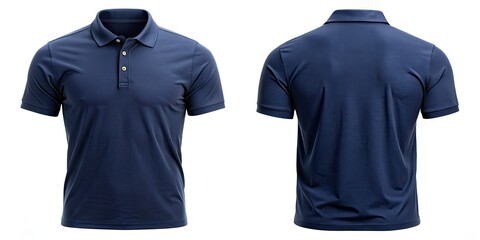 High-res PNGs: Navy blue polo shirt mockup, front and back views, ideal for apparel design.