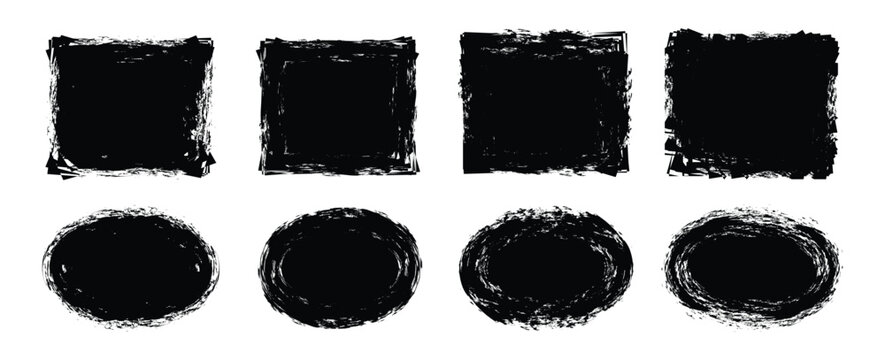 Set of black grunge rectangles, circles shapes on a white background. Paint brush stamp collection. Vector brush rectangle, circle. Grunge shape.