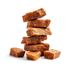 A stack of delicious, chewy caramel cubes arranged attractively on a white background.