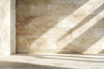 Empty interior room with travertine walls and floor. Natural light casts shadows. Modern and minimalist design. Beige color scheme. Suitable for showcasing product, interior design, or architecture.