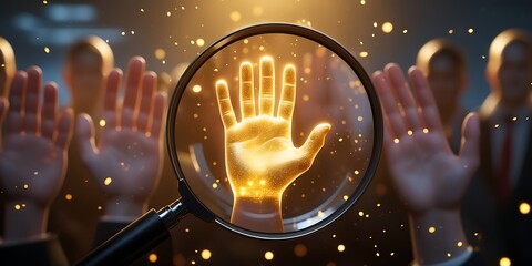 Magnifying glass illuminates a glowing hand raised among a group, symbolizing leadership potential and recognition
