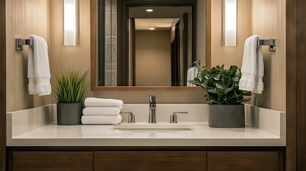 Fototapeta premium A modern bathroom vanity with a mirror, potted plants, and neatly folded towels on the counter.