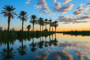 Obraz premium Serene sunset over calm water reflecting palm trees.