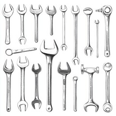 Collection of Hand-Drawn Wrenches and Tools