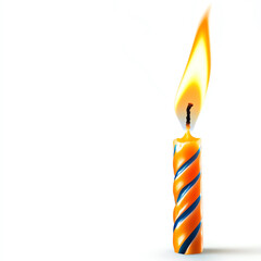 A vibrant birthday candle flickering with a bright orange flame against a white background.