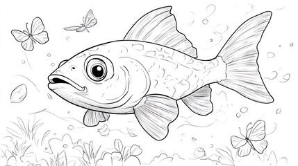 Fototapeta premium Cartoon Catfish Playfully Chasing Butterflies on a Coloring Book Page for Kids